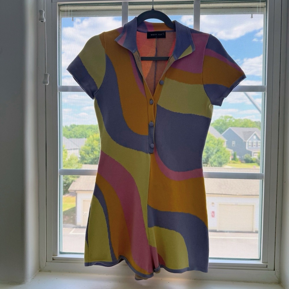 White Fox Romper M Knit Pastel Abstract Retro Mod Festival Button Front Y2K EUC
